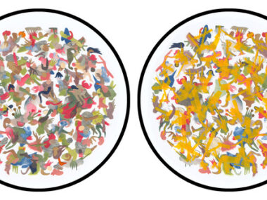 two circular colourful hand-cut collages with paper, paint and tape.
