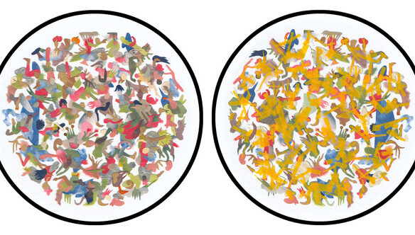 two circular colourful hand-cut collages with paper, paint and tape.