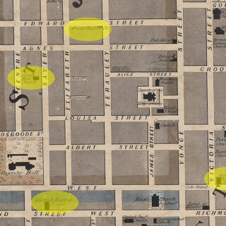 File is a map of the City of Toronto, dated 1857, credited to J. Ellis, Lithographer and Fleming, Ridout & Schreiber, Publishers. The map shows the boundaries of the city, all streets, ward boundaries, parks and some notable buildings. Printed at the edges of the map is information concerning fire alarms and cab districts and fares.