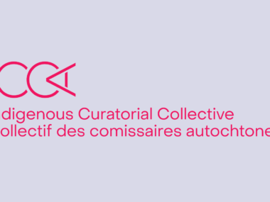 Bright magenta lettering weaves identity into form: the acronym "ICCA" flows in sleek, continuous lines across the top, anchored underneath by the stacked titles "Indigenous Curatorial Collective" and "Collectif des comissaires autochtones." Sharp angles and open curves balance structure with spatial rhythm.